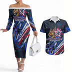 Australian National Flag Day Couples Matching Off The Shoulder Long Sleeve Dress and Hawaiian Shirt Kangaroo Mascot and Country Map