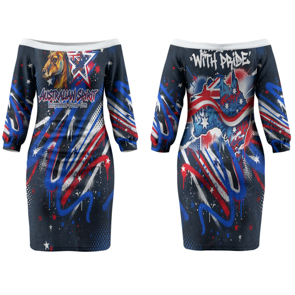 Australian National Flag Day Couples Matching Off The Shoulder Long Sleeve Dress and Hawaiian Shirt Kangaroo Mascot and Country Map