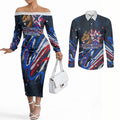 Australian National Flag Day Couples Matching Off The Shoulder Long Sleeve Dress and Long Sleeve Button Shirt Kangaroo Mascot and Country Map