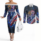 Australian National Flag Day Couples Matching Off The Shoulder Long Sleeve Dress and Long Sleeve Button Shirt Kangaroo Mascot and Country Map