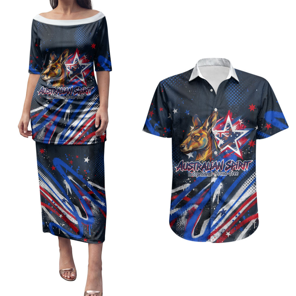 Australian National Flag Day Couples Matching Puletasi and Hawaiian Shirt Kangaroo Mascot and Country Map