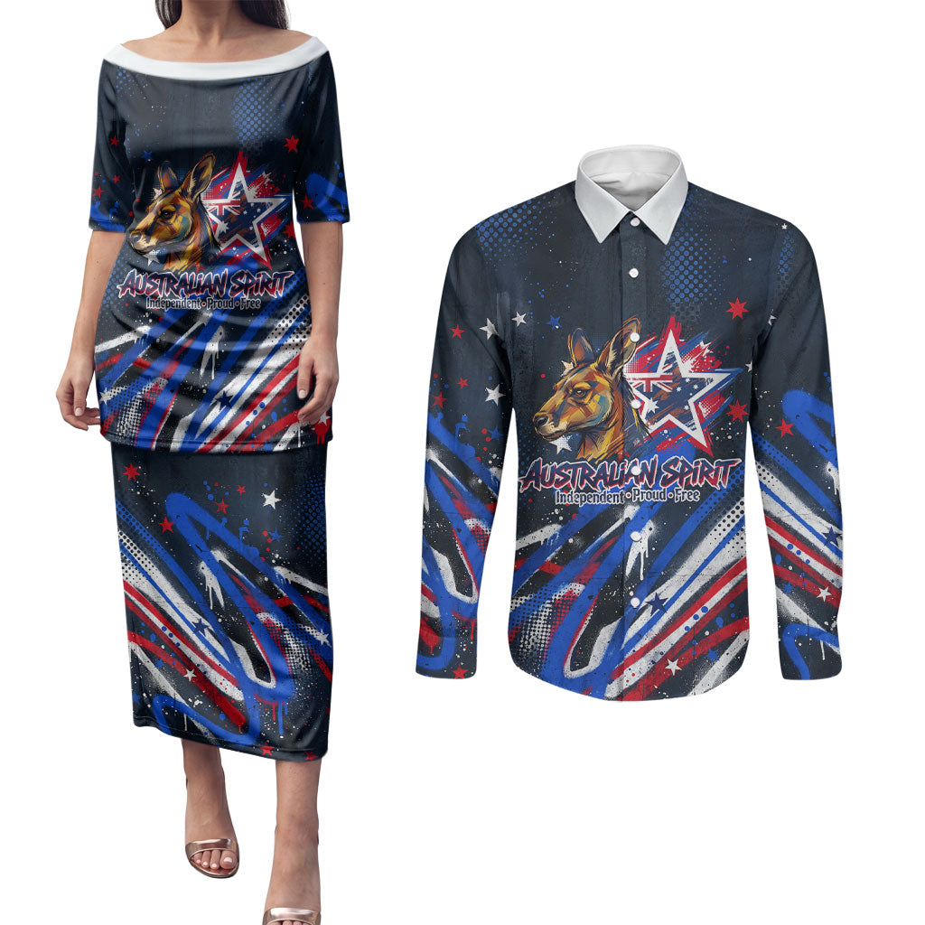 Australian National Flag Day Couples Matching Puletasi and Long Sleeve Button Shirt Kangaroo Mascot and Country Map
