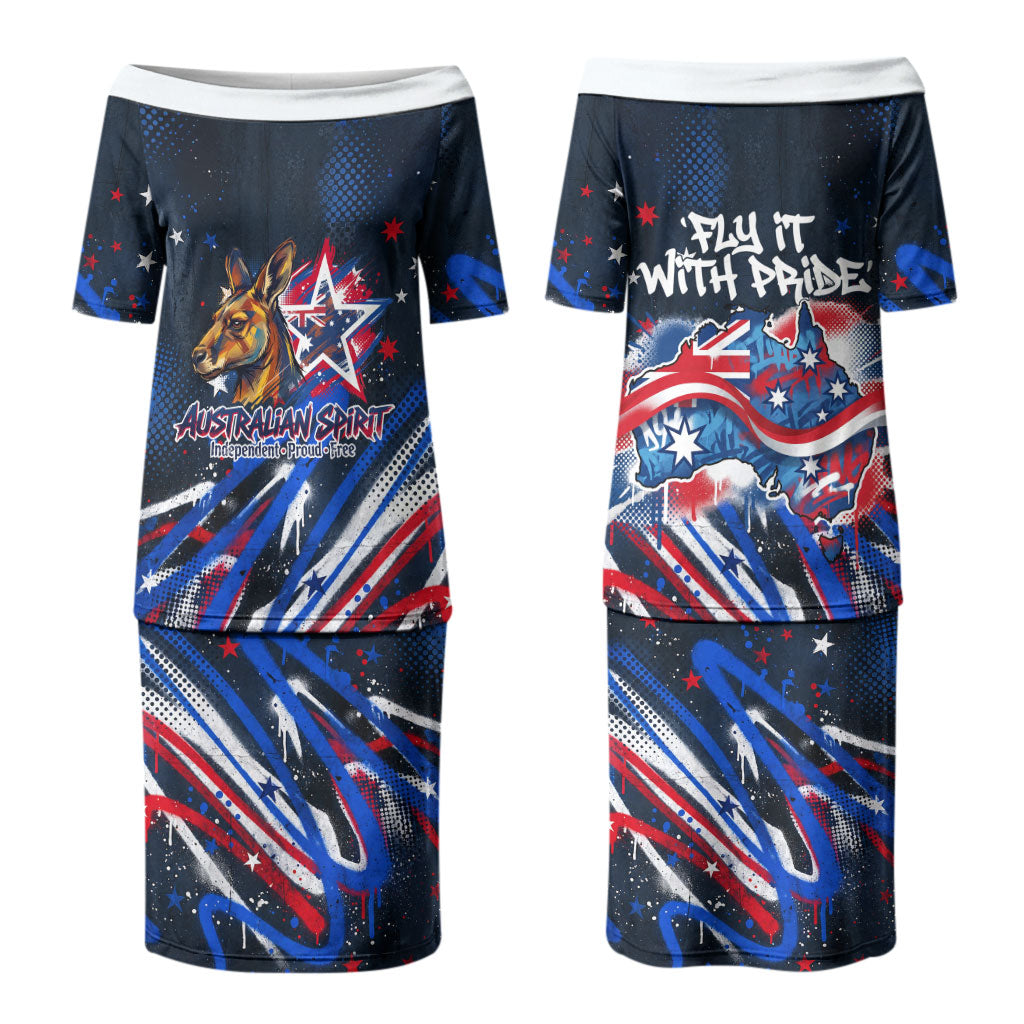 Australian National Flag Day Couples Matching Puletasi and Long Sleeve Button Shirt Kangaroo Mascot and Country Map
