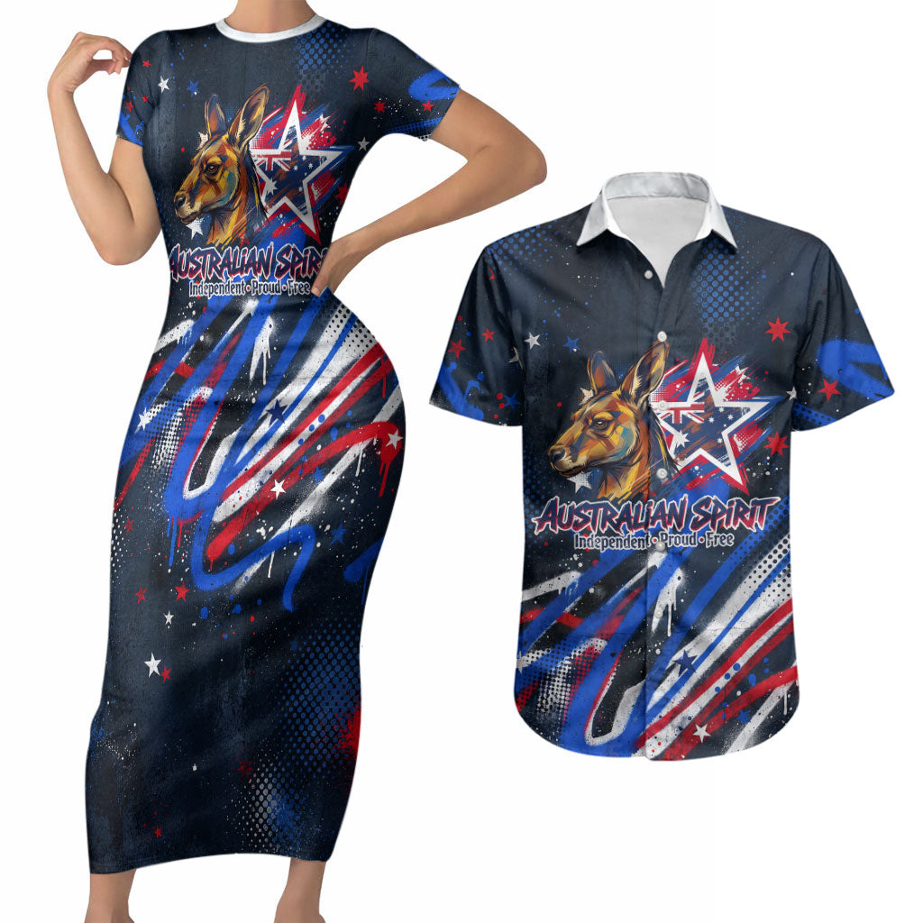 Australian National Flag Day Couples Matching Short Sleeve Bodycon Dress and Hawaiian Shirt Kangaroo Mascot and Country Map