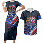 Australian National Flag Day Couples Matching Short Sleeve Bodycon Dress and Hawaiian Shirt Kangaroo Mascot and Country Map