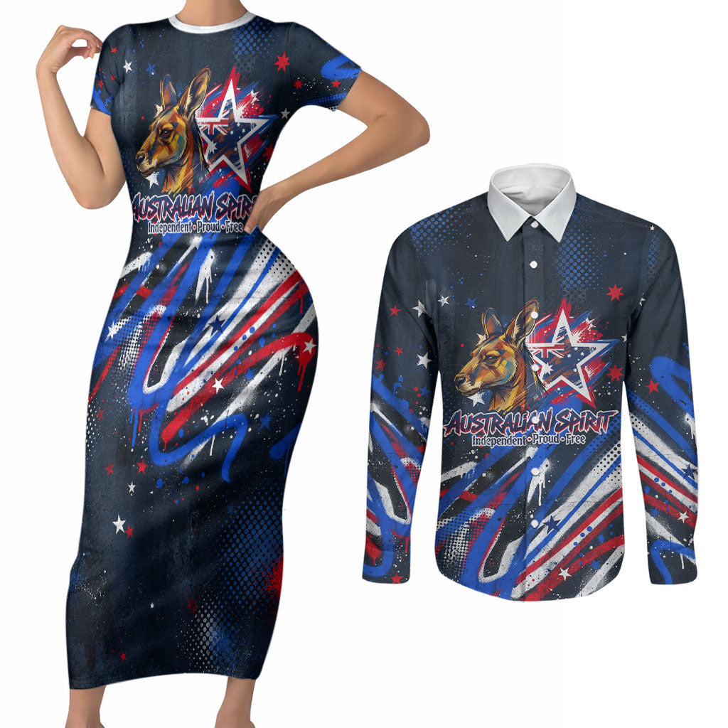 Australian National Flag Day Couples Matching Short Sleeve Bodycon Dress and Long Sleeve Button Shirt Kangaroo Mascot and Country Map