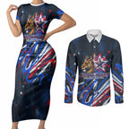 Australian National Flag Day Couples Matching Short Sleeve Bodycon Dress and Long Sleeve Button Shirt Kangaroo Mascot and Country Map
