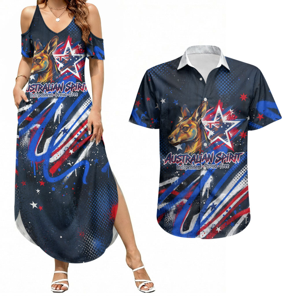 Australian National Flag Day Couples Matching Summer Maxi Dress and Hawaiian Shirt Kangaroo Mascot and Country Map