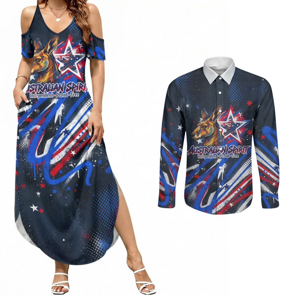 Australian National Flag Day Couples Matching Summer Maxi Dress and Long Sleeve Button Shirt Kangaroo Mascot and Country Map