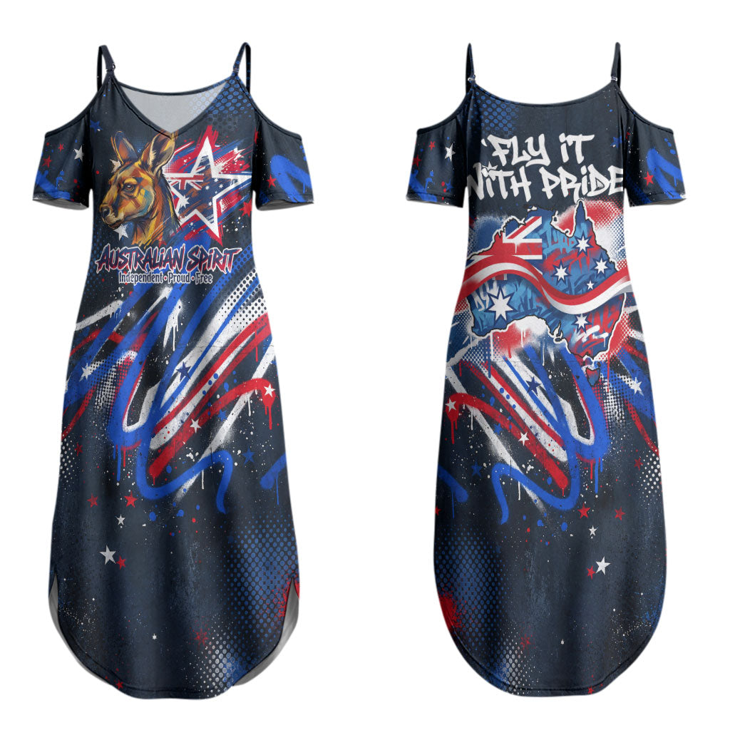 Australian National Flag Day Couples Matching Summer Maxi Dress and Long Sleeve Button Shirt Kangaroo Mascot and Country Map