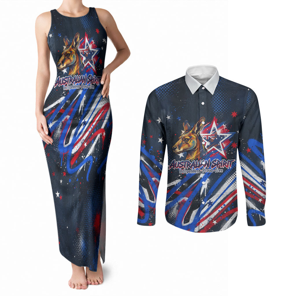 Australian National Flag Day Couples Matching Tank Maxi Dress and Long Sleeve Button Shirt Kangaroo Mascot and Country Map
