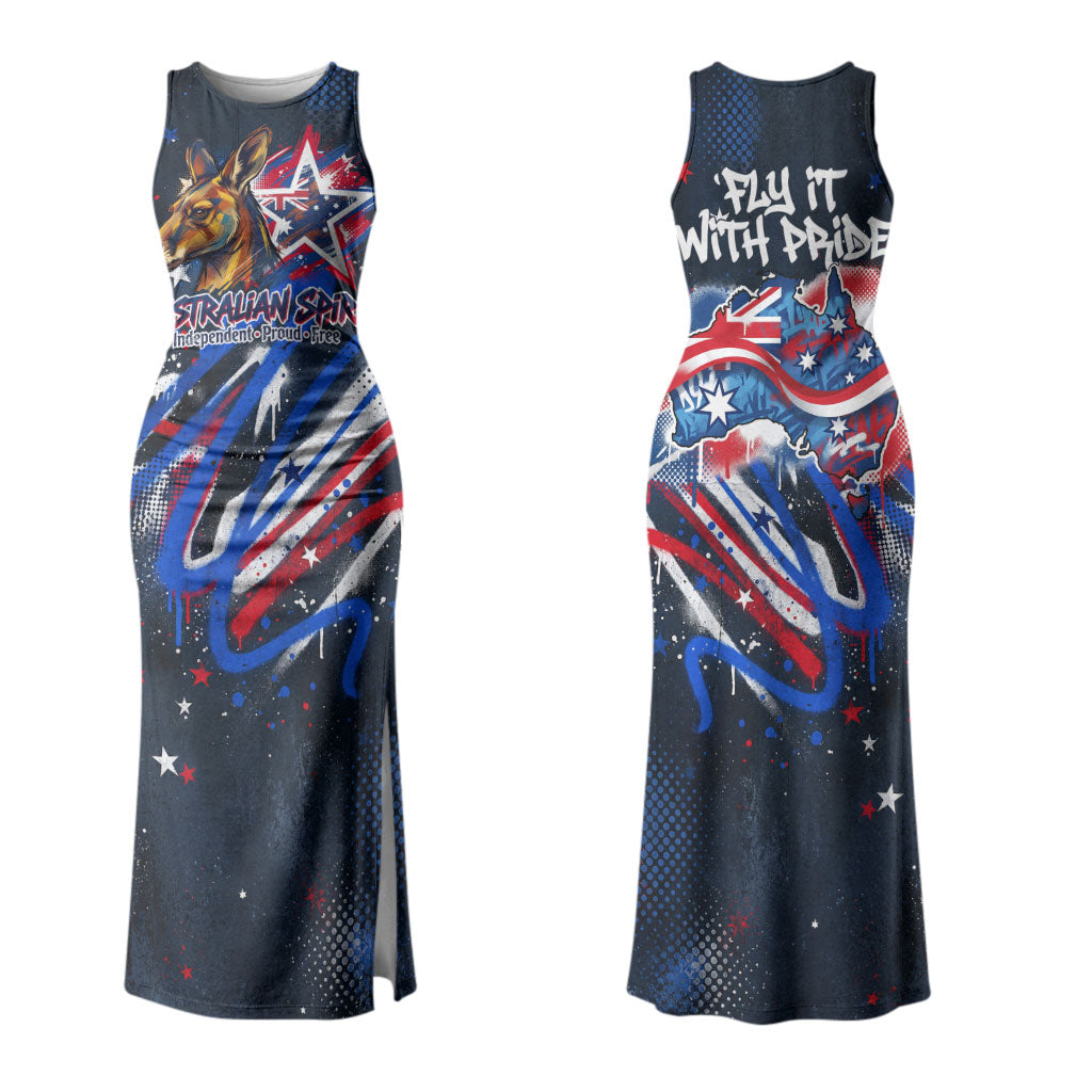 Australian National Flag Day Couples Matching Tank Maxi Dress and Long Sleeve Button Shirt Kangaroo Mascot and Country Map