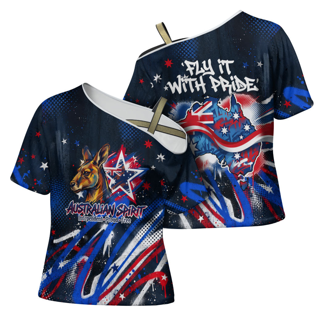 Australian National Flag Day Cross Shoulder Shirt Kangaroo Mascot and Country Map