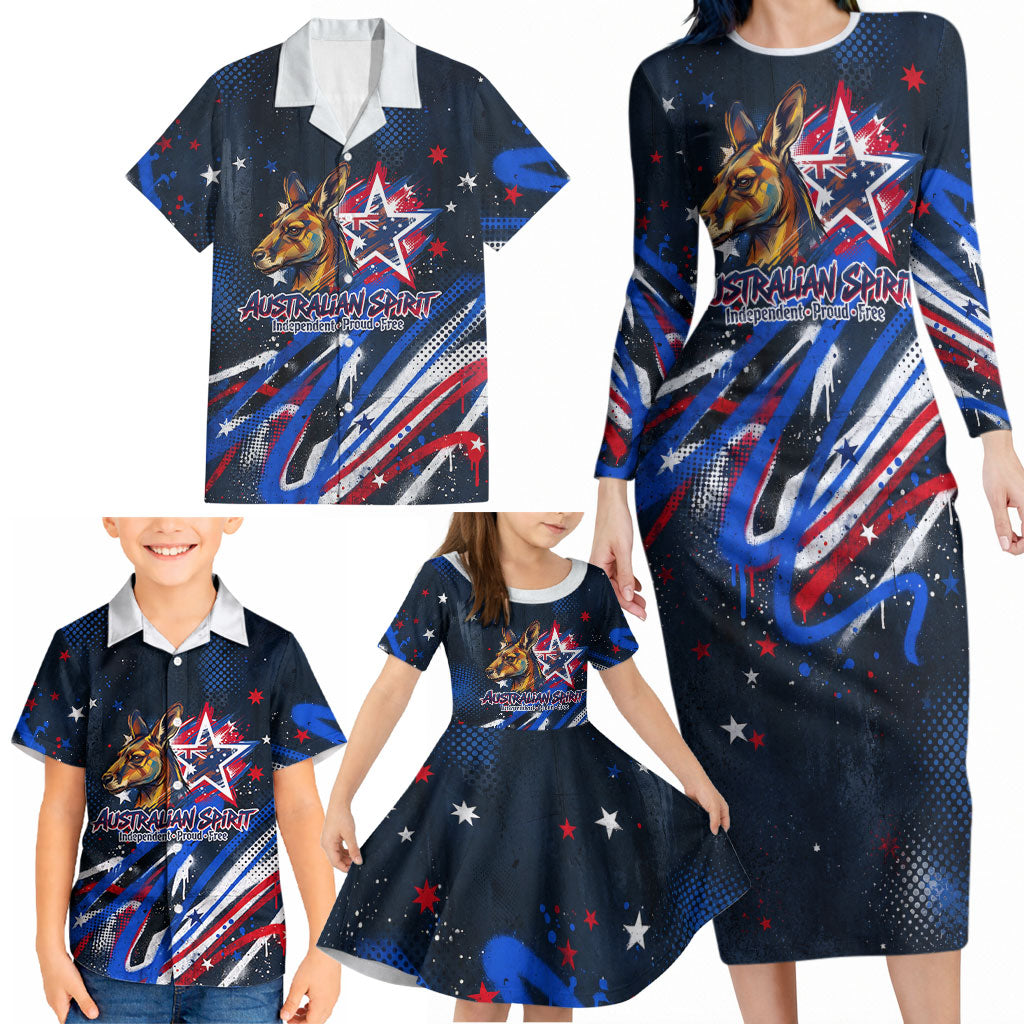 Australian National Flag Day Family Matching Long Sleeve Bodycon Dress and Hawaiian Shirt Kangaroo Mascot and Country Map