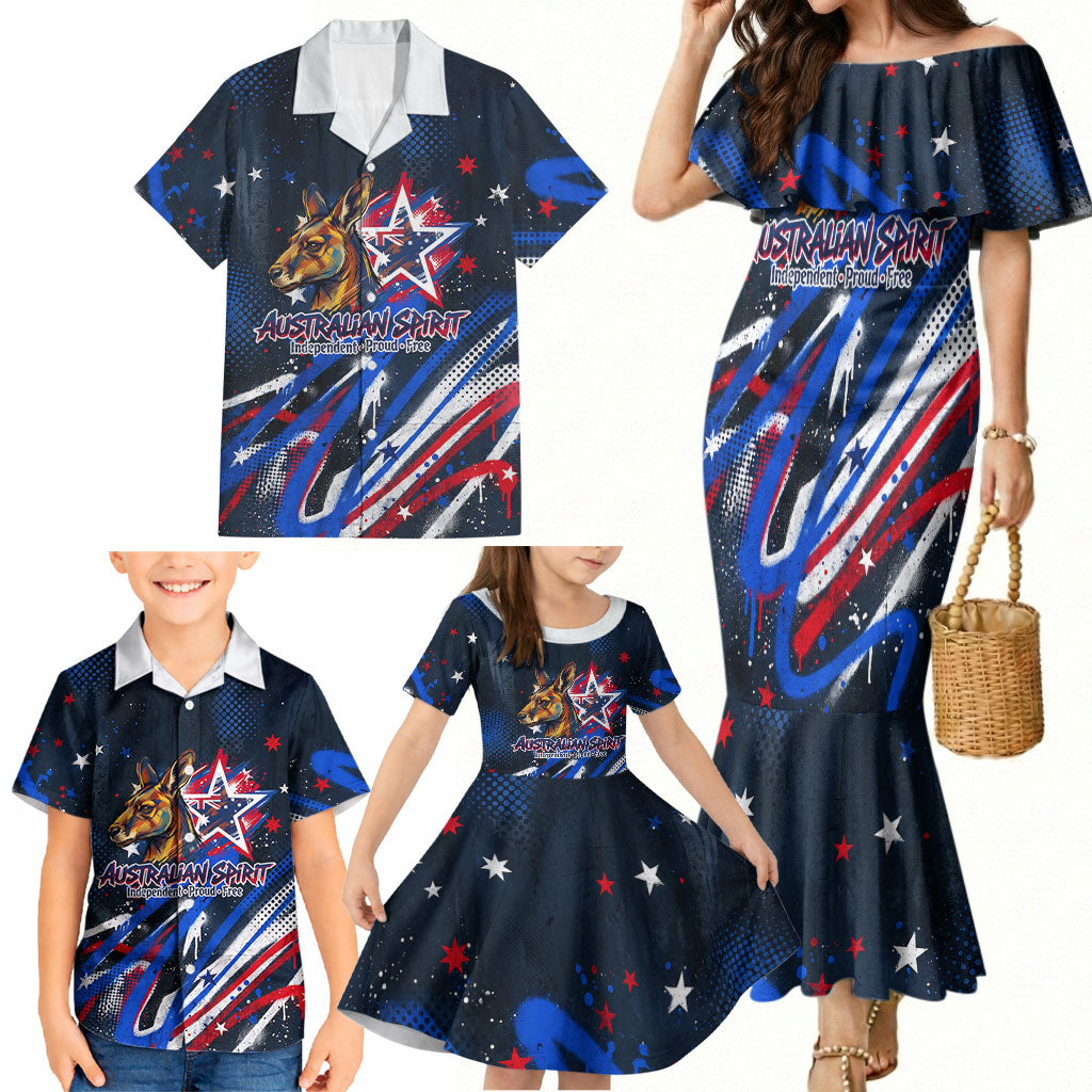 Australian National Flag Day Family Matching Mermaid Dress and Hawaiian Shirt Kangaroo Mascot and Country Map