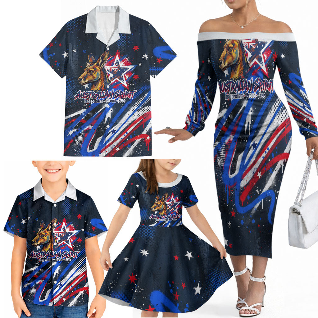 Australian National Flag Day Family Matching Off The Shoulder Long Sleeve Dress and Hawaiian Shirt Kangaroo Mascot and Country Map