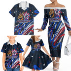 Australian National Flag Day Family Matching Off The Shoulder Long Sleeve Dress and Hawaiian Shirt Kangaroo Mascot and Country Map
