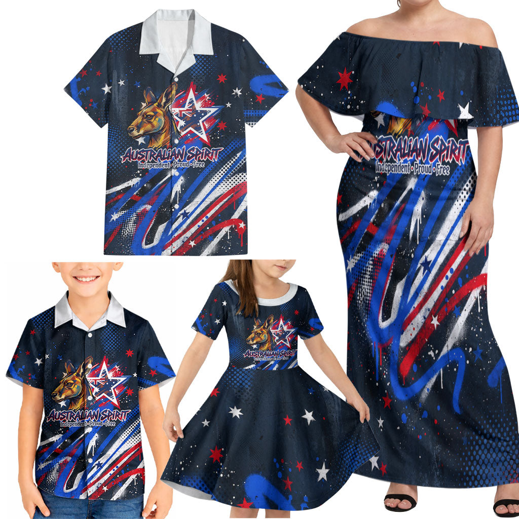 Australian National Flag Day Family Matching Off Shoulder Maxi Dress and Hawaiian Shirt Kangaroo Mascot and Country Map