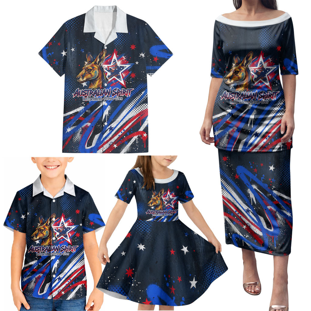 Australian National Flag Day Family Matching Puletasi and Hawaiian Shirt Kangaroo Mascot and Country Map