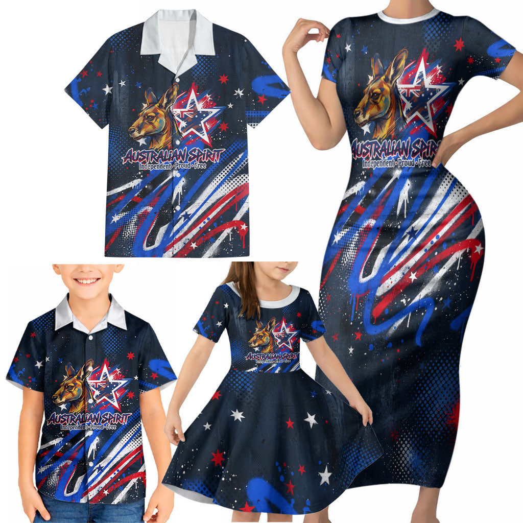 Australian National Flag Day Family Matching Short Sleeve Bodycon Dress and Hawaiian Shirt Kangaroo Mascot and Country Map