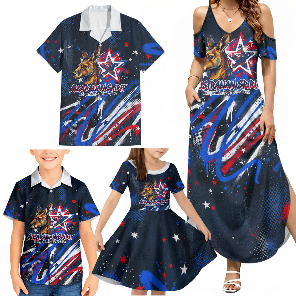 Australian National Flag Day Family Matching Summer Maxi Dress and Hawaiian Shirt Kangaroo Mascot and Country Map