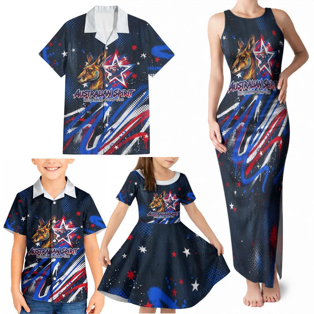 Australian National Flag Day Family Matching Tank Maxi Dress and Hawaiian Shirt Kangaroo Mascot and Country Map