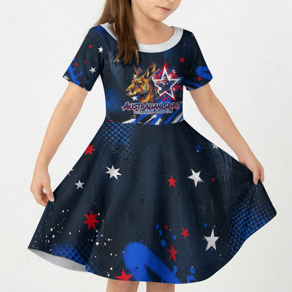 Australian National Flag Day Kid Short Sleeve Dress Kangaroo Mascot and Country Map