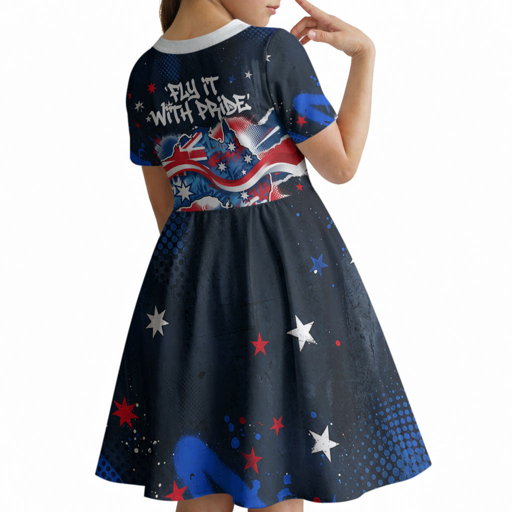 Australian National Flag Day Kid Short Sleeve Dress Kangaroo Mascot and Country Map