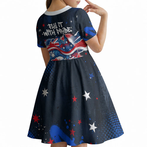 Australian National Flag Day Kid Short Sleeve Dress Kangaroo Mascot and Country Map