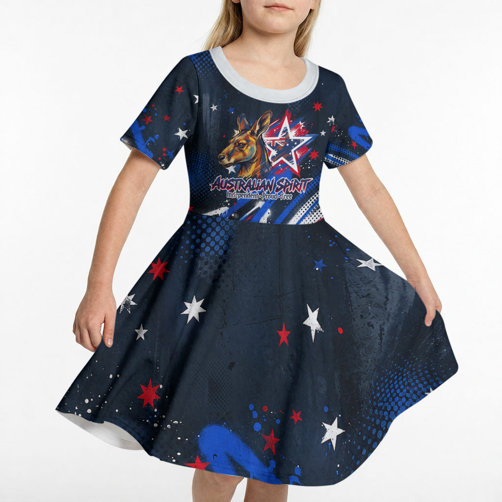 Australian National Flag Day Kid Short Sleeve Dress Kangaroo Mascot and Country Map
