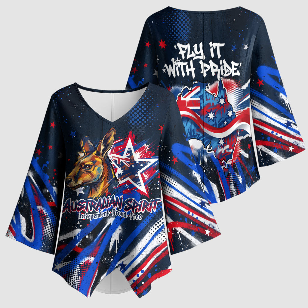 Australian National Flag Day Kimono Sleeve Blouse Kangaroo Mascot and Country Map