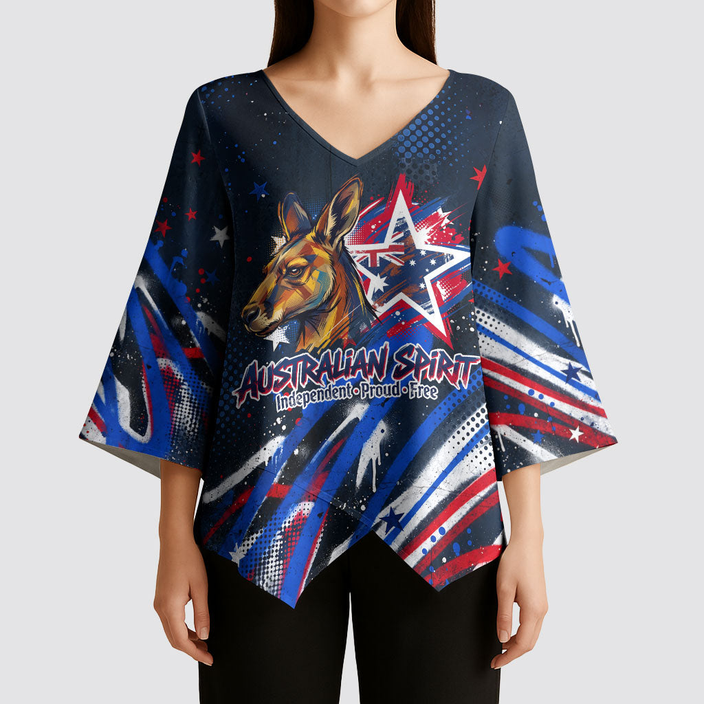 Australian National Flag Day Kimono Sleeve Blouse Kangaroo Mascot and Country Map