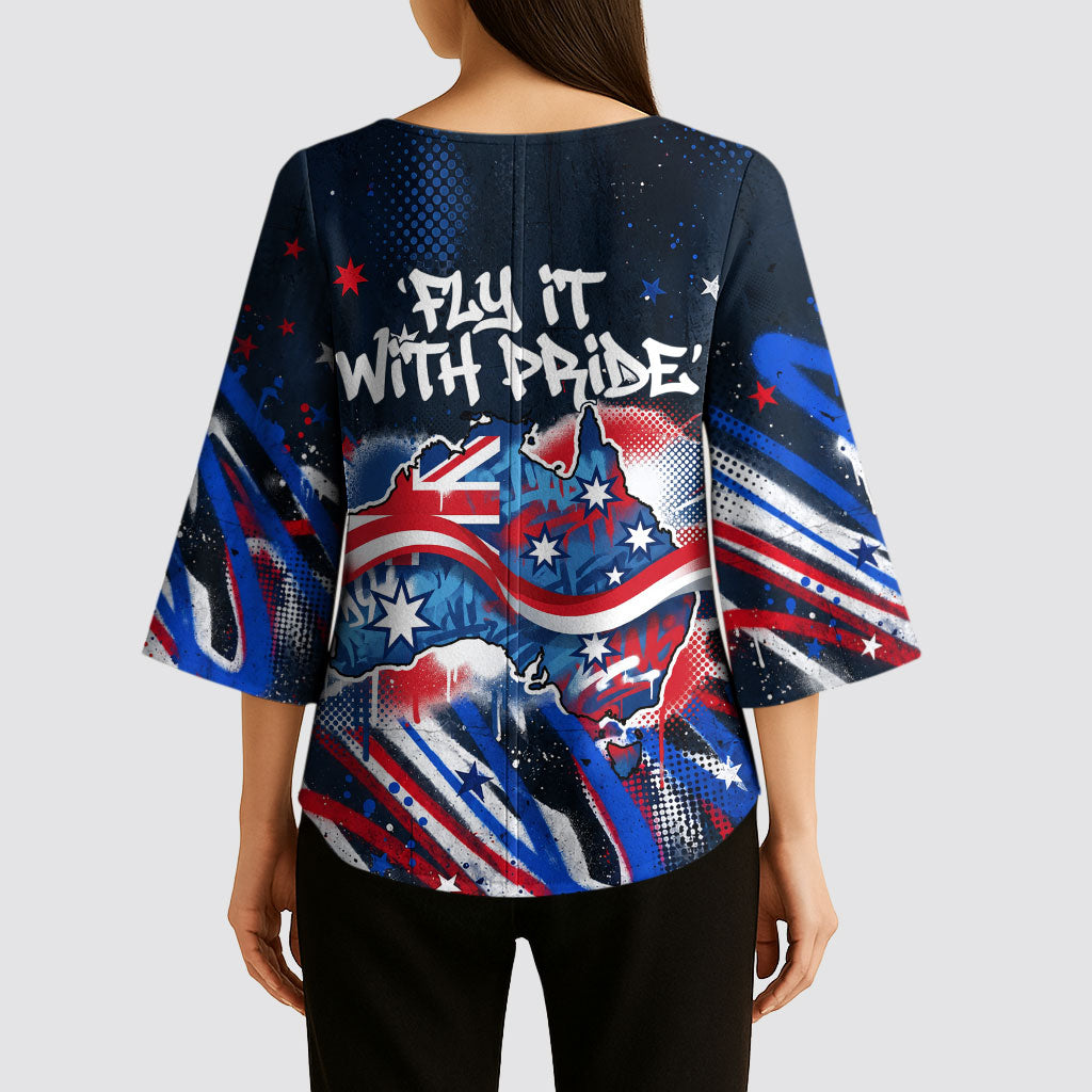 Australian National Flag Day Kimono Sleeve Blouse Kangaroo Mascot and Country Map
