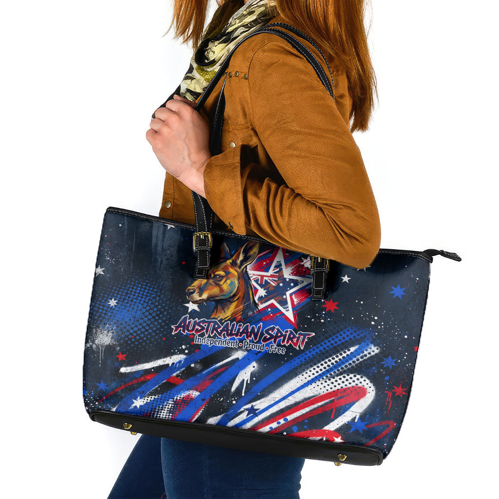 Australian National Flag Day Leather Tote Bag Kangaroo Mascot and Country Map