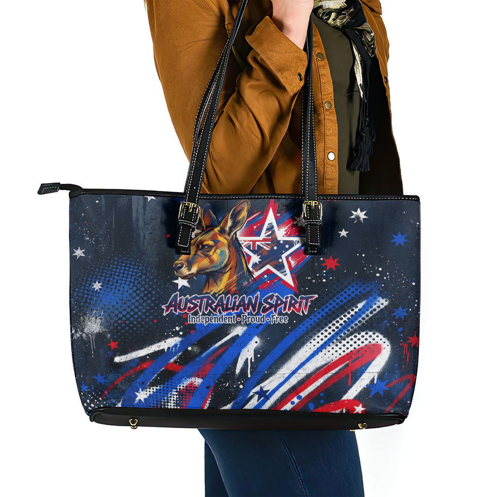 Australian National Flag Day Leather Tote Bag Kangaroo Mascot and Country Map