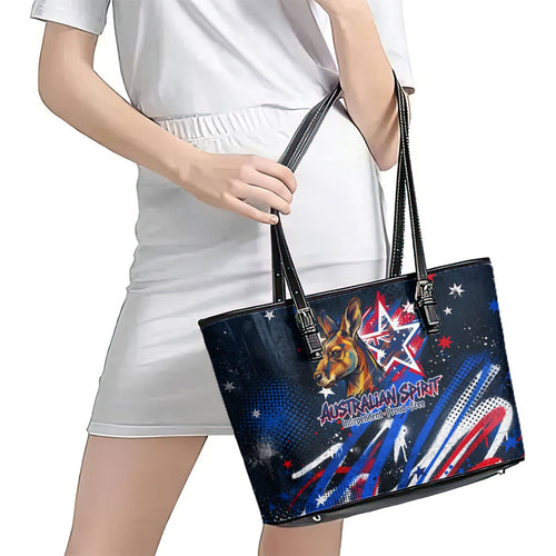 Australian National Flag Day Leather Tote Bag Kangaroo Mascot and Country Map