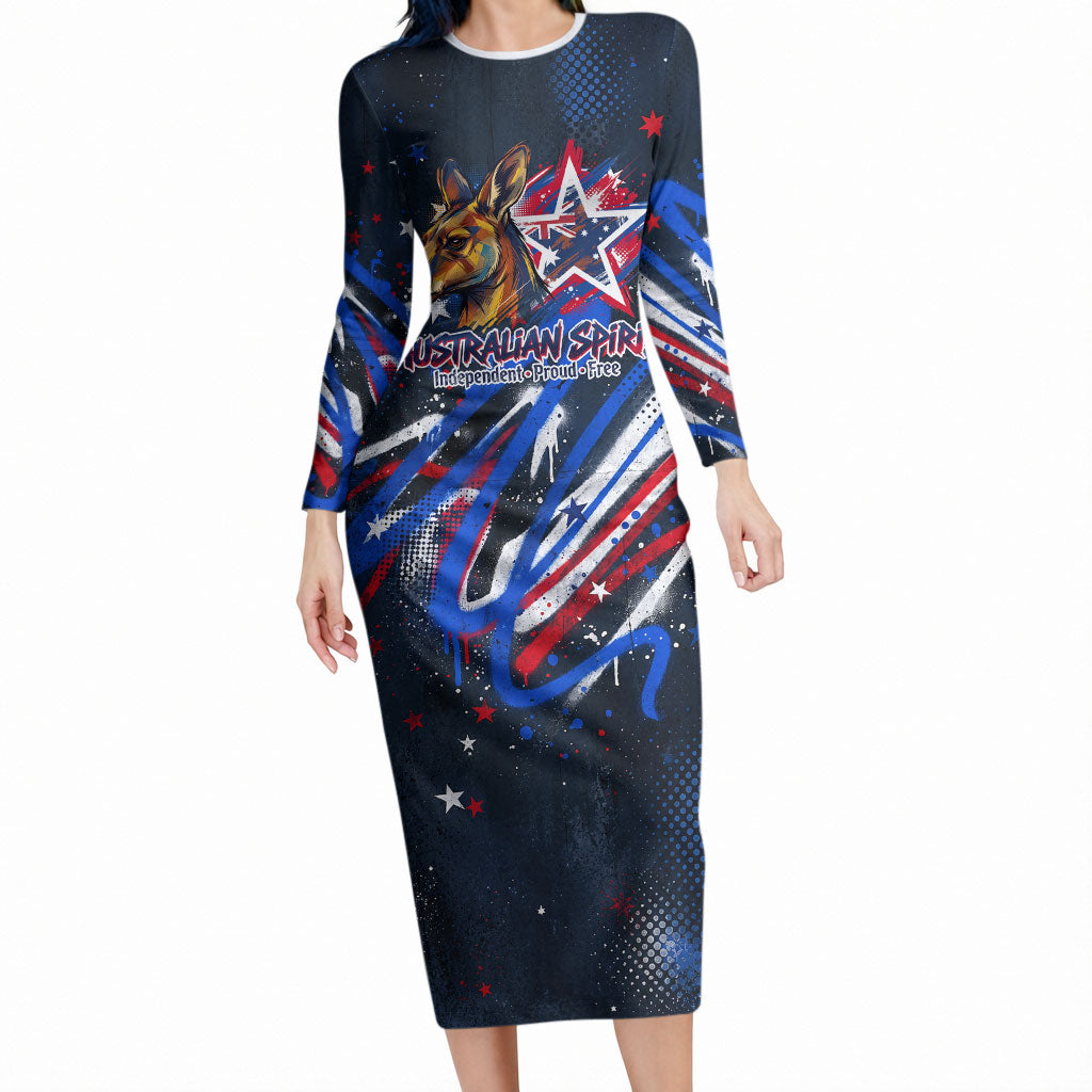 Australian National Flag Day Long Sleeve Bodycon Dress Kangaroo Mascot and Country Map