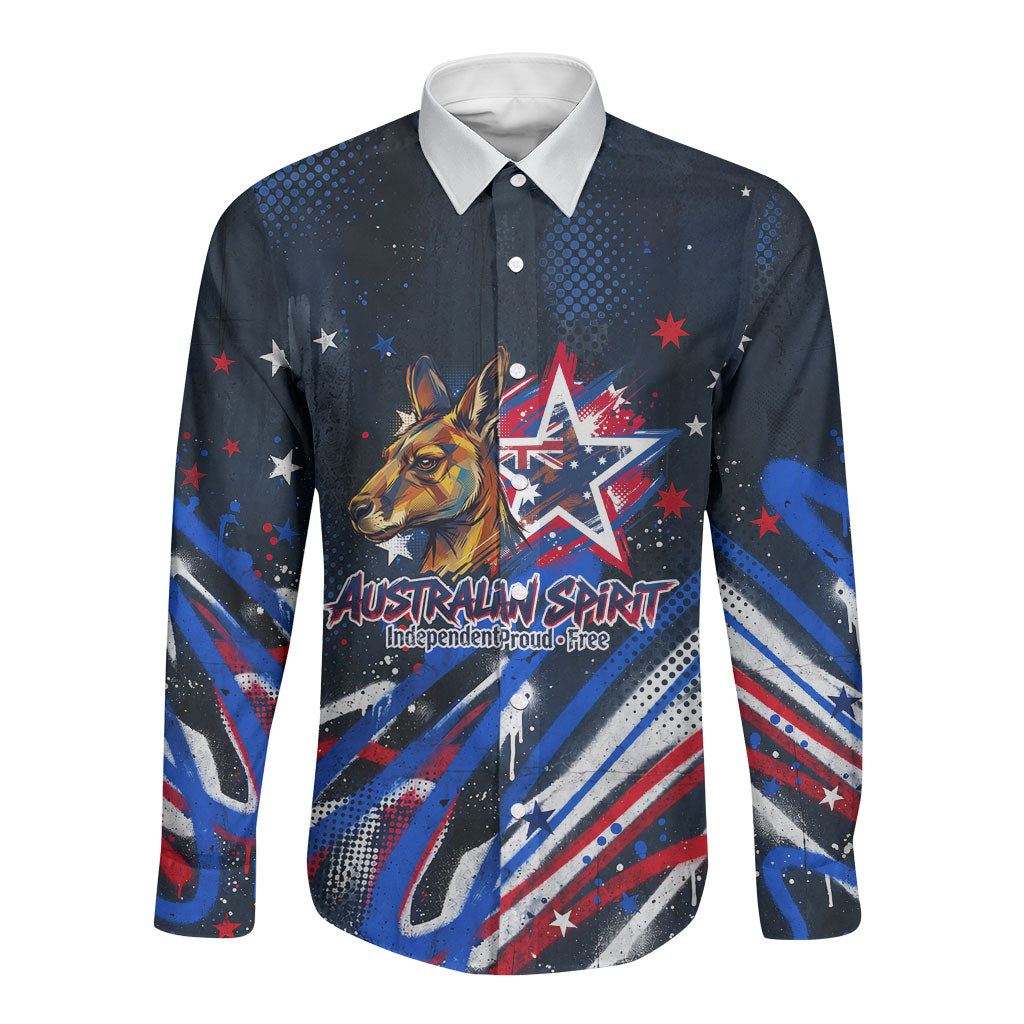 Australian National Flag Day Long Sleeve Button Shirt Kangaroo Mascot and Country Map
