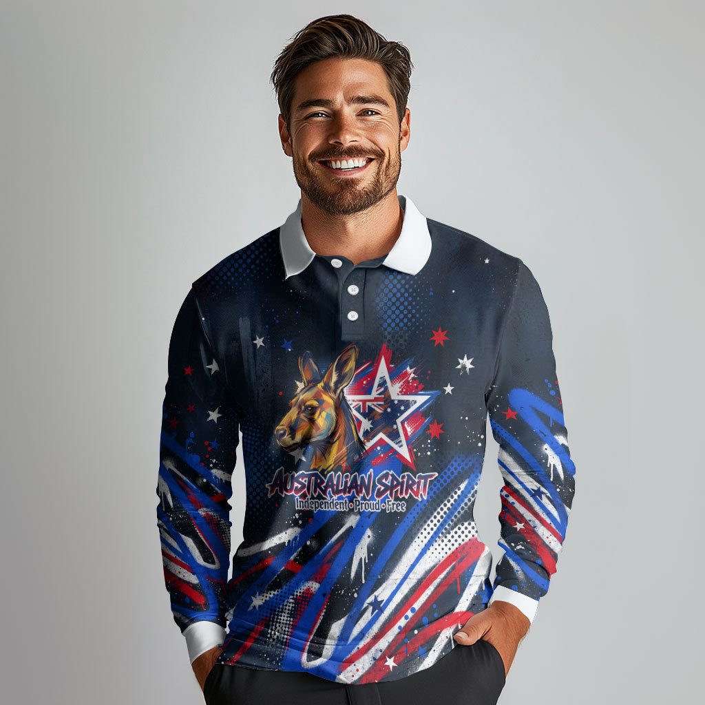 Australian National Flag Day Long Sleeve Polo Shirt Kangaroo Mascot and Country Map