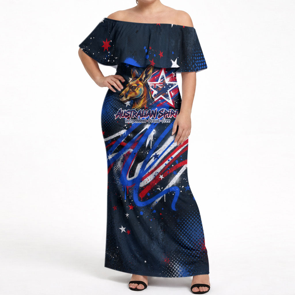 Australian National Flag Day Off Shoulder Maxi Dress Kangaroo Mascot and Country Map
