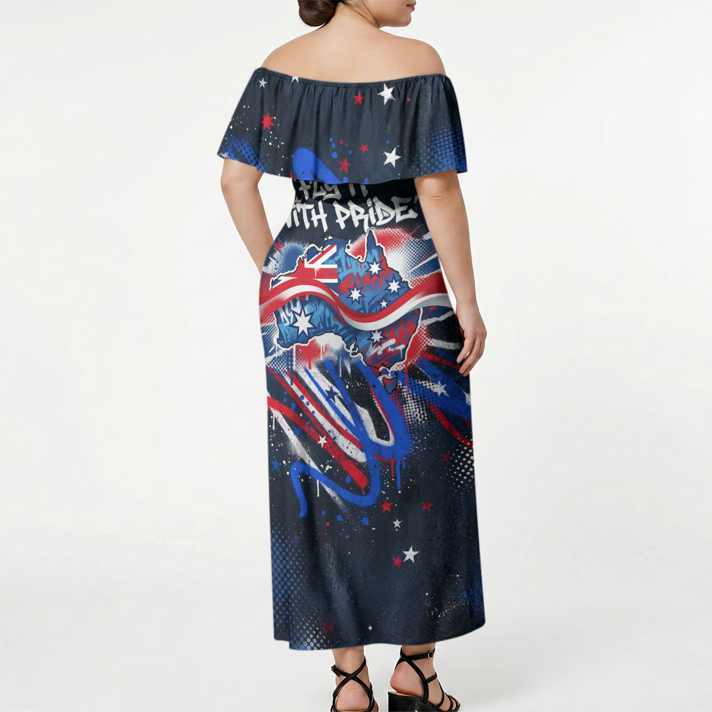Australian National Flag Day Off Shoulder Maxi Dress Kangaroo Mascot and Country Map