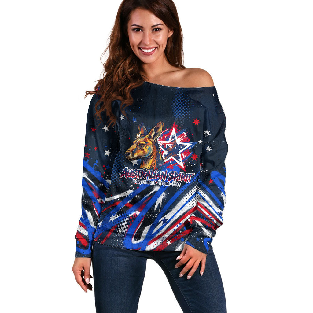 Australian National Flag Day Off Shoulder Sweater Kangaroo Mascot and Country Map