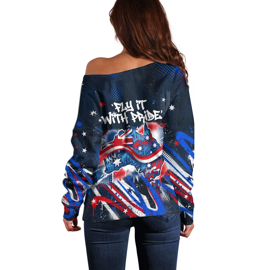 Australian National Flag Day Off Shoulder Sweater Kangaroo Mascot and Country Map