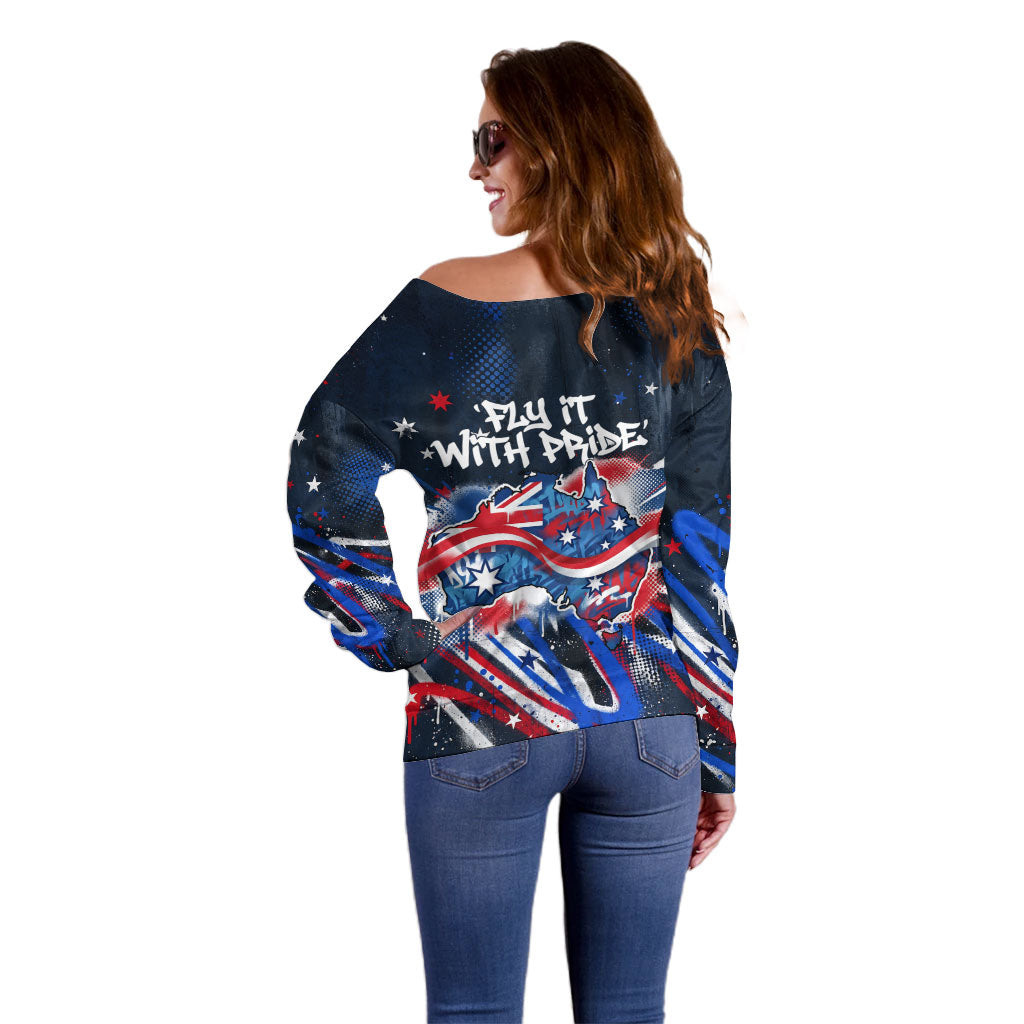 Australian National Flag Day Off Shoulder Sweater Kangaroo Mascot and Country Map
