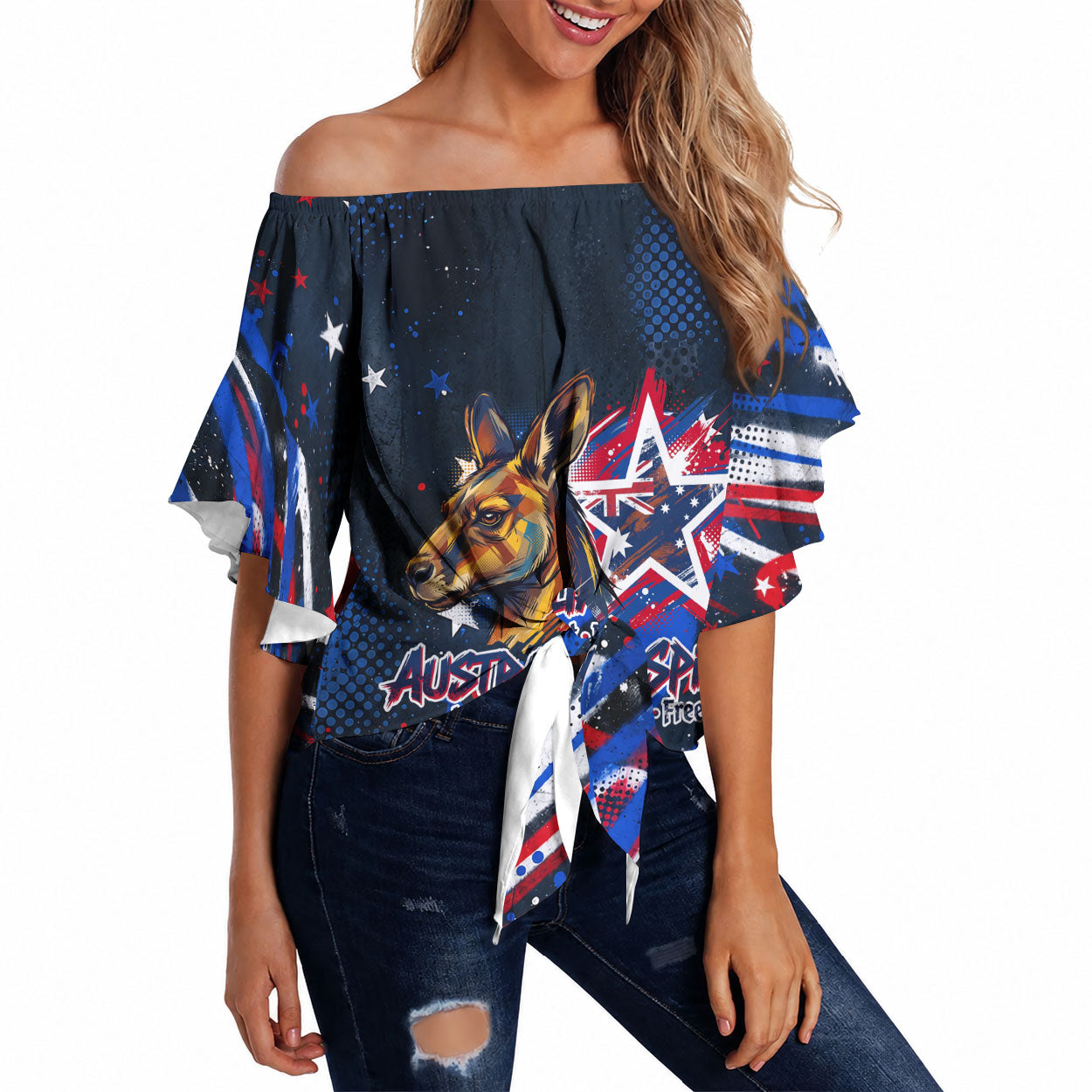 Australian National Flag Day Off Shoulder Wrap Waist Top Kangaroo Mascot and Country Map