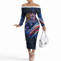 Australian National Flag Day Off The Shoulder Long Sleeve Dress Kangaroo Mascot and Country Map