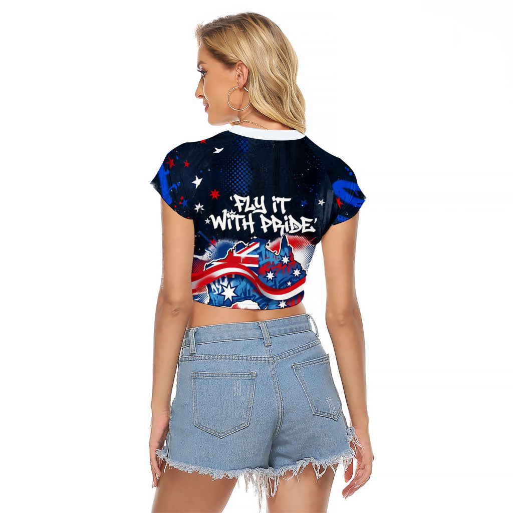 Australian National Flag Day Raglan Cropped T Shirt Kangaroo Mascot and Country Map