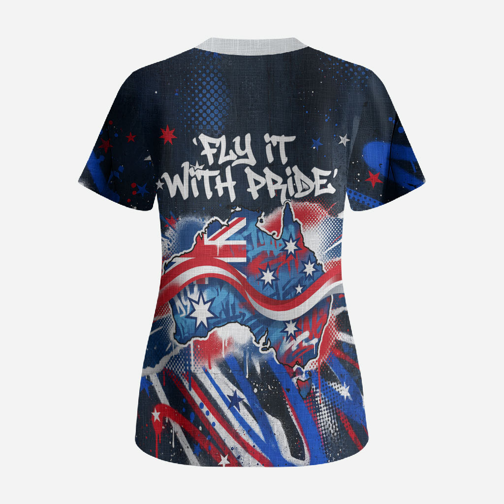 Australian National Flag Day Scrub Top Kangaroo Mascot and Country Map
