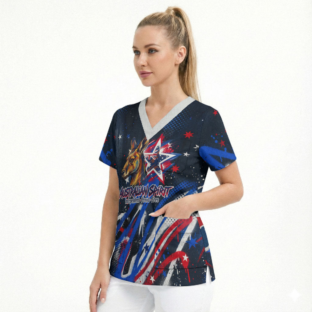 Australian National Flag Day Scrub Top Kangaroo Mascot and Country Map