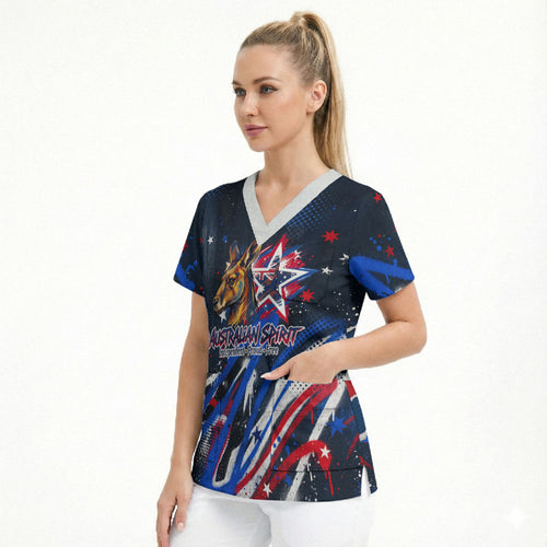 Australian National Flag Day Scrub Top Kangaroo Mascot and Country Map